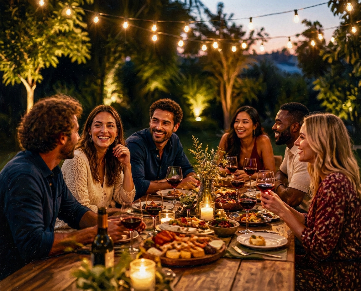 Friends gathered around a candlelit backyard dinner table under string lights